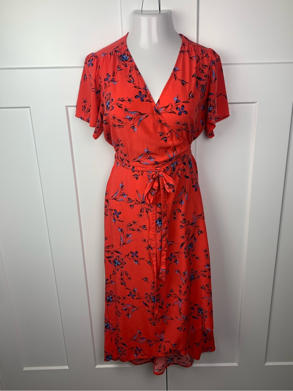 GAP LARGE Red Floral Maxi Dress Wrap Flutter Cottagecore Romantic
